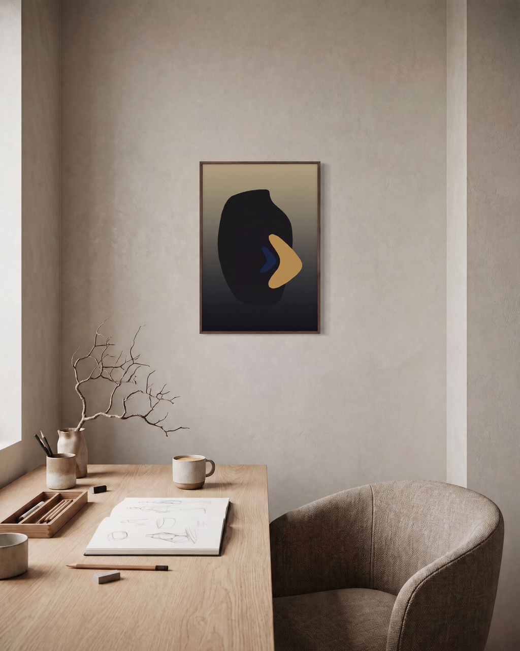 Dark Vessel unframed print is shown framed for styling in a home office; frame not included