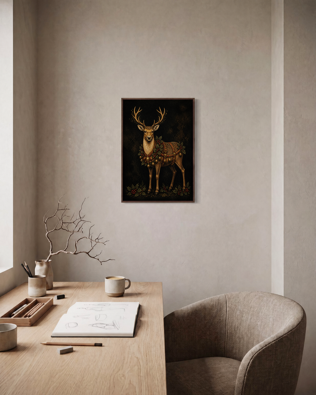 Holiday Reindeer bell reindeer print: unframed print is shown framed for styling in a home office; frame not included