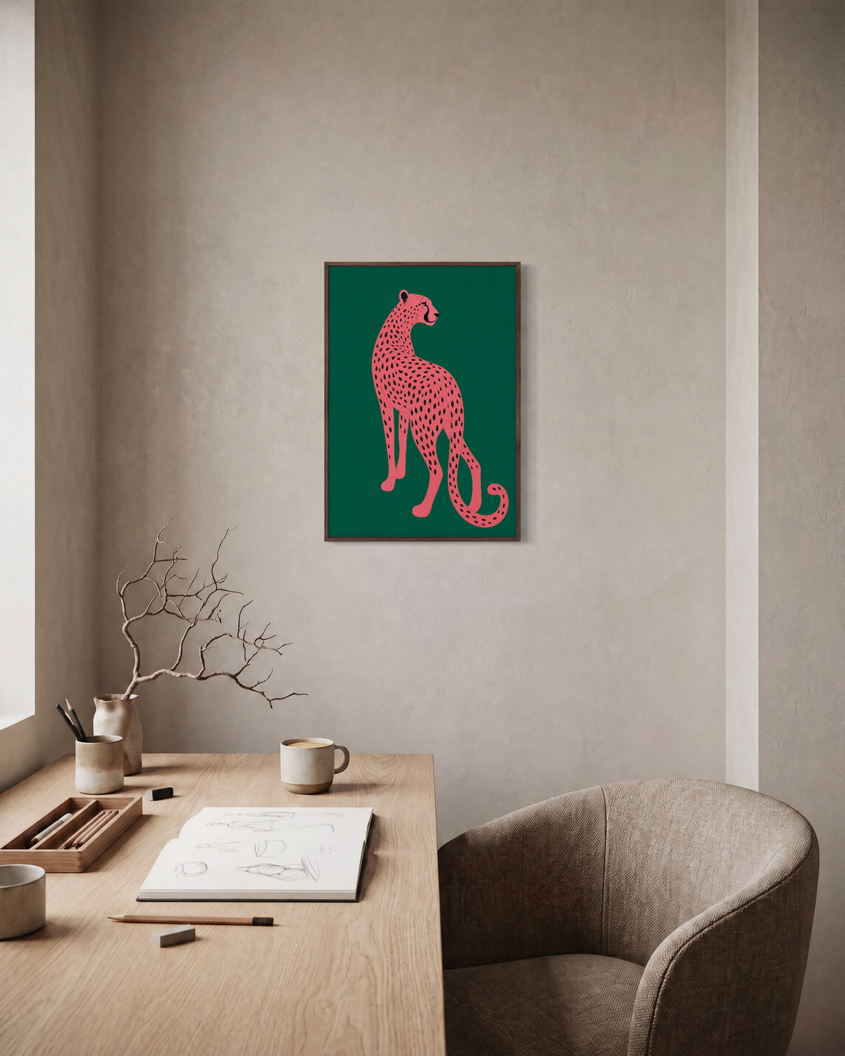 Afternoon Cheetah cheetah wall art: unframed print is shown framed for styling in a home office; frame not included