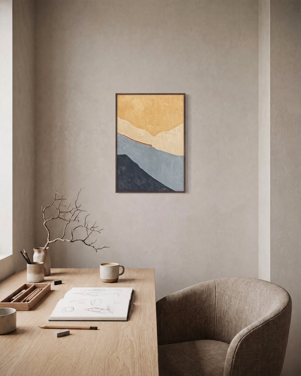 Layered Soft Planes unframed print is shown framed for styling in a home office; frame not included