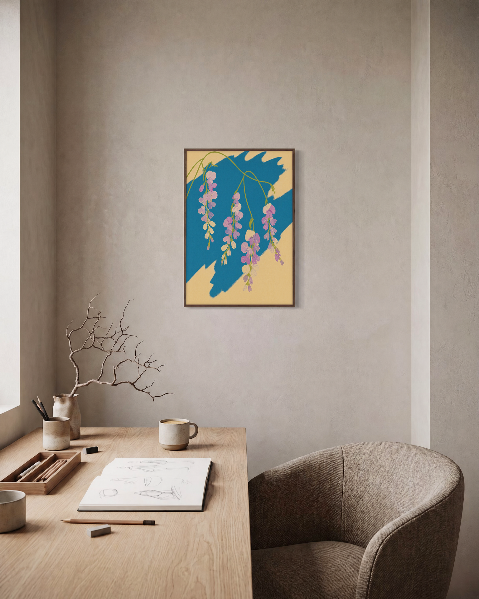 Sweet Peas Across Teal Slab unframed print is shown framed for styling in a home office; frame not included