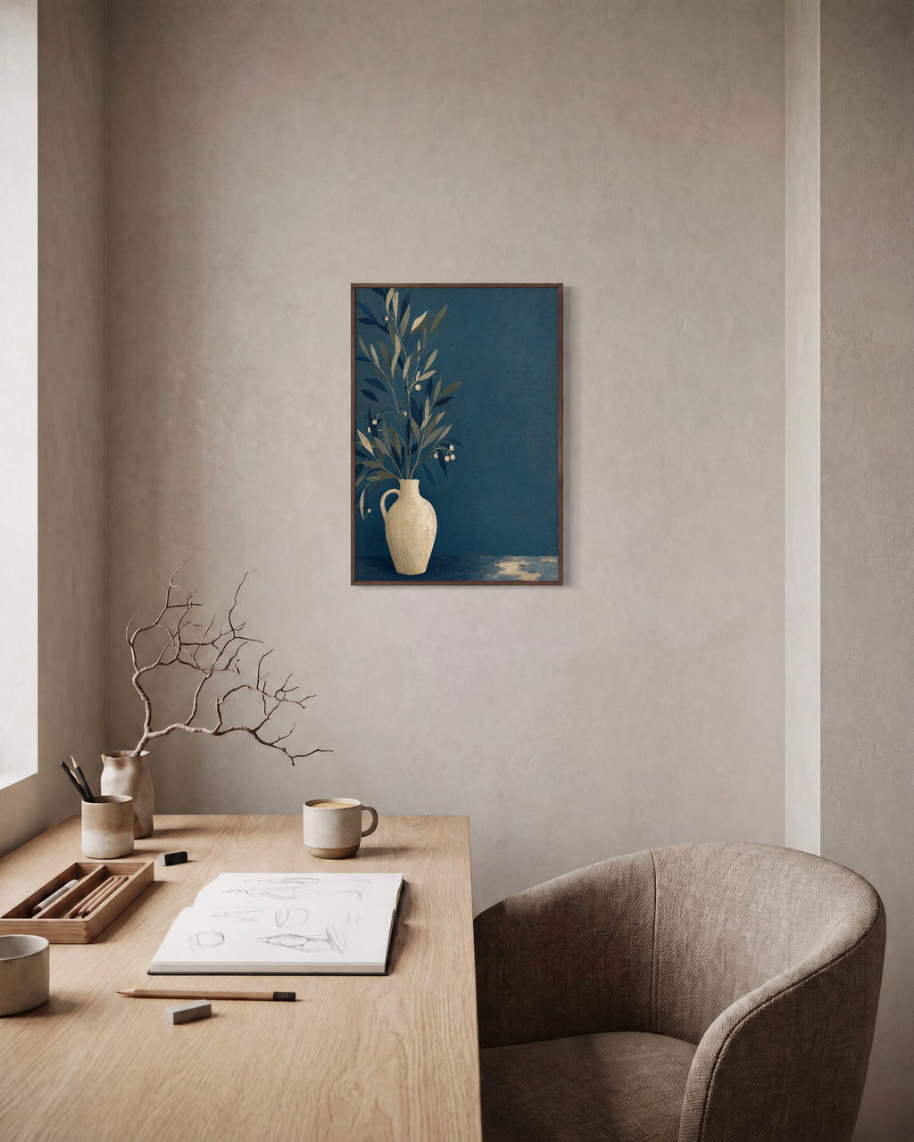 Teal Willow Pitcher unframed print is shown framed for styling in a home office; frame not included