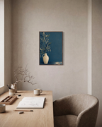 Teal Willow Pitcher unframed print is shown framed for styling in a home office; frame not included