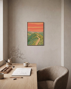Ridge Walk coral meadow path wall art: unframed print is shown framed for styling in a home office; frame not included