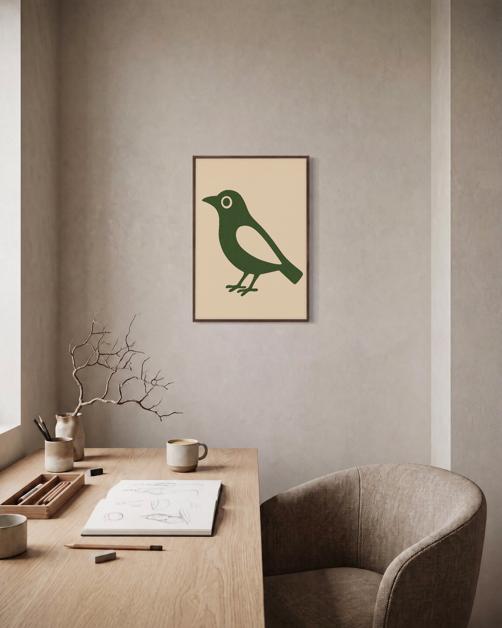 Still Bird green bird print: unframed print is shown framed for styling in a home office; frame not included