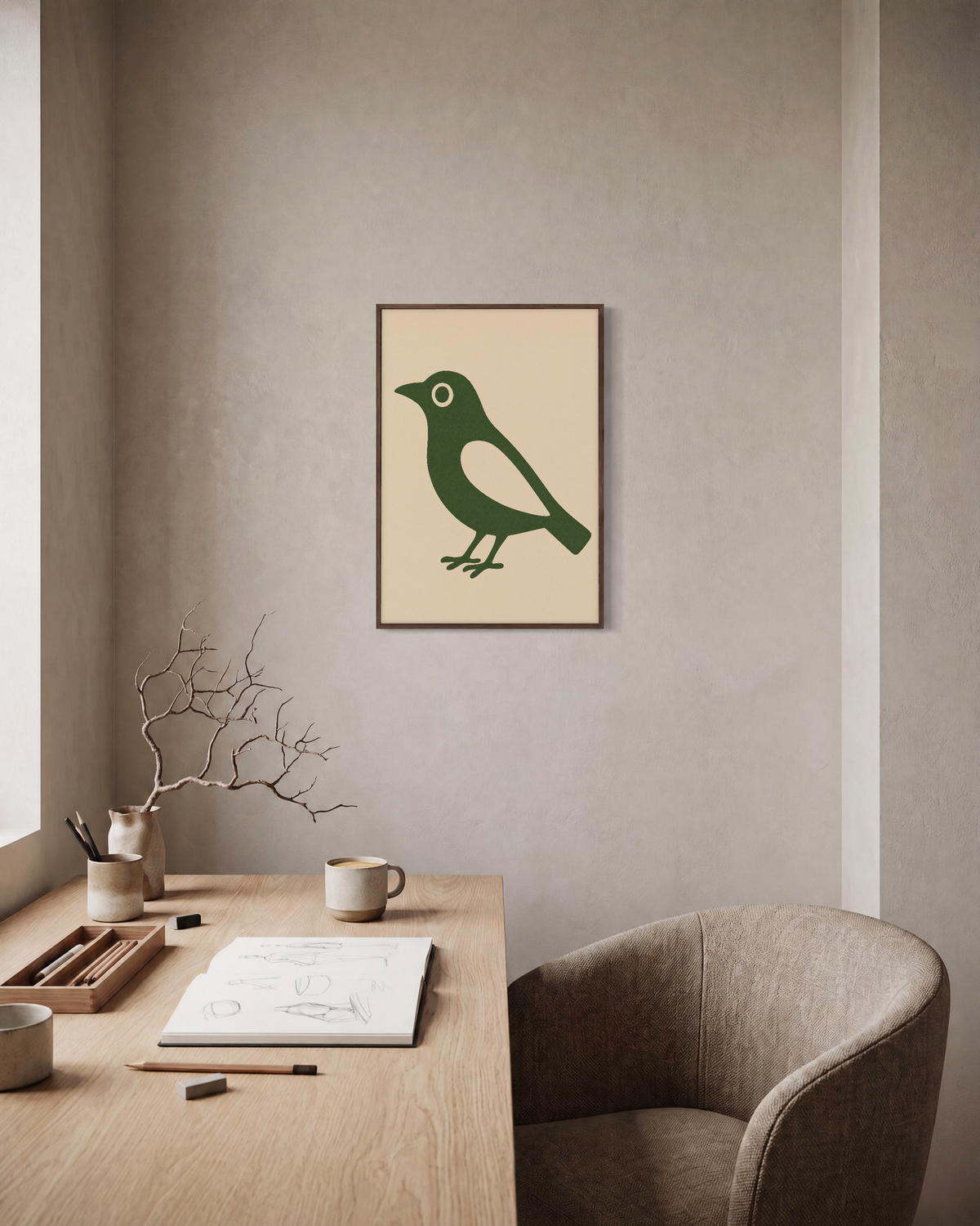 Still Bird green bird print: unframed print is shown framed for styling in a home office; frame not included