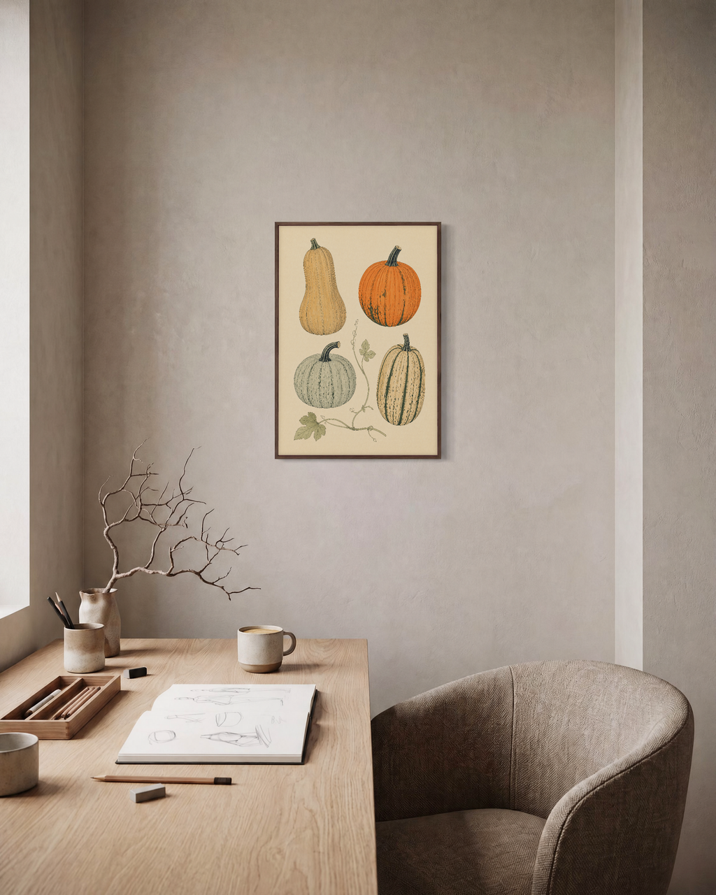 Squash Sweep squash specimen wall art: unframed print is shown framed for styling in a home office; frame not included
