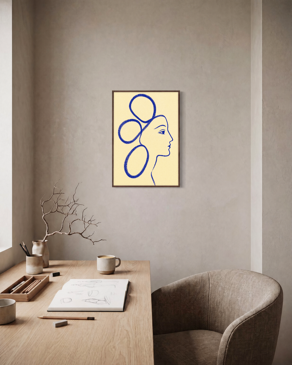 Indigo Profile Line unframed print is shown framed for styling in a home office; frame not included