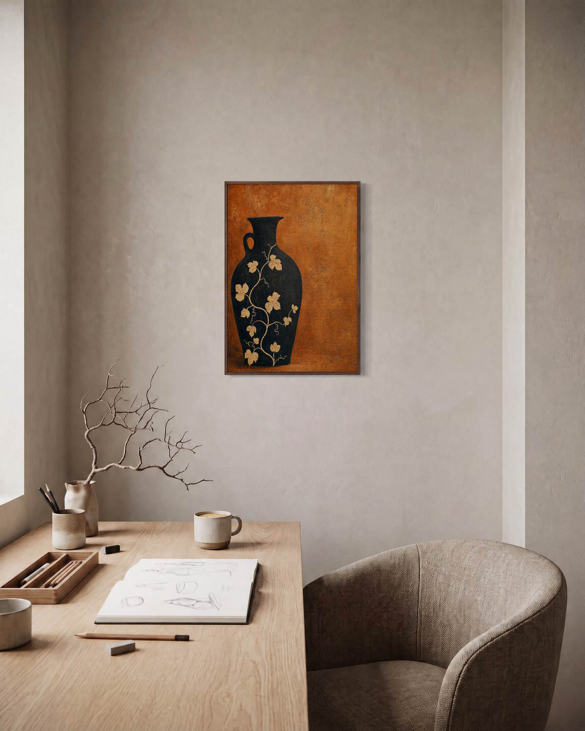 Night Vase black vase still life wall art print: unframed print is shown framed for styling in a home office; frame not included