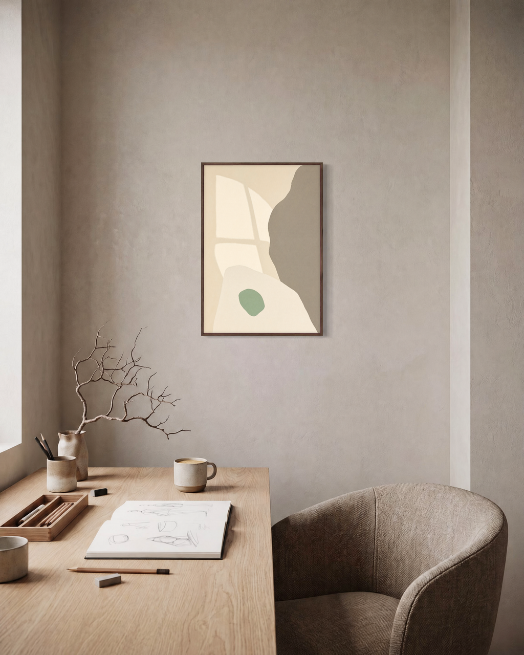 Soft Window unframed print is shown framed for styling in a home office; frame not included