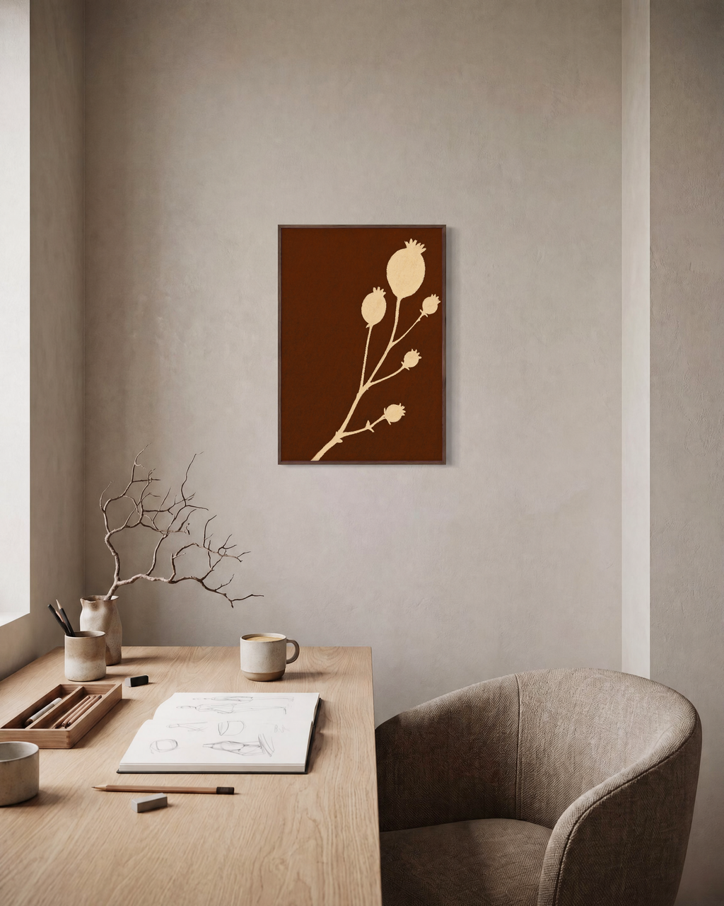 Cream Bloom Brown unframed print is shown framed for styling in a home office; frame not included