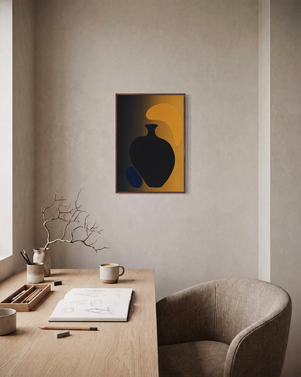 Dark Vessel unframed print is shown framed for styling in a home office; frame not included
