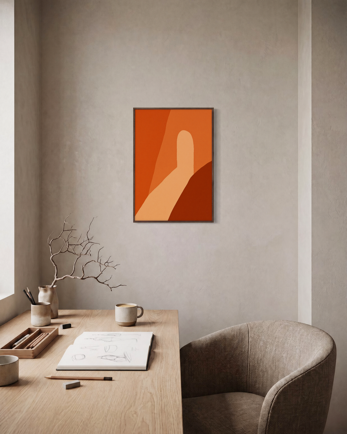 Orange Shapes on Beige Field overlapping orange shapes wall art print: unframed print is shown framed for styling in a home office; frame not included