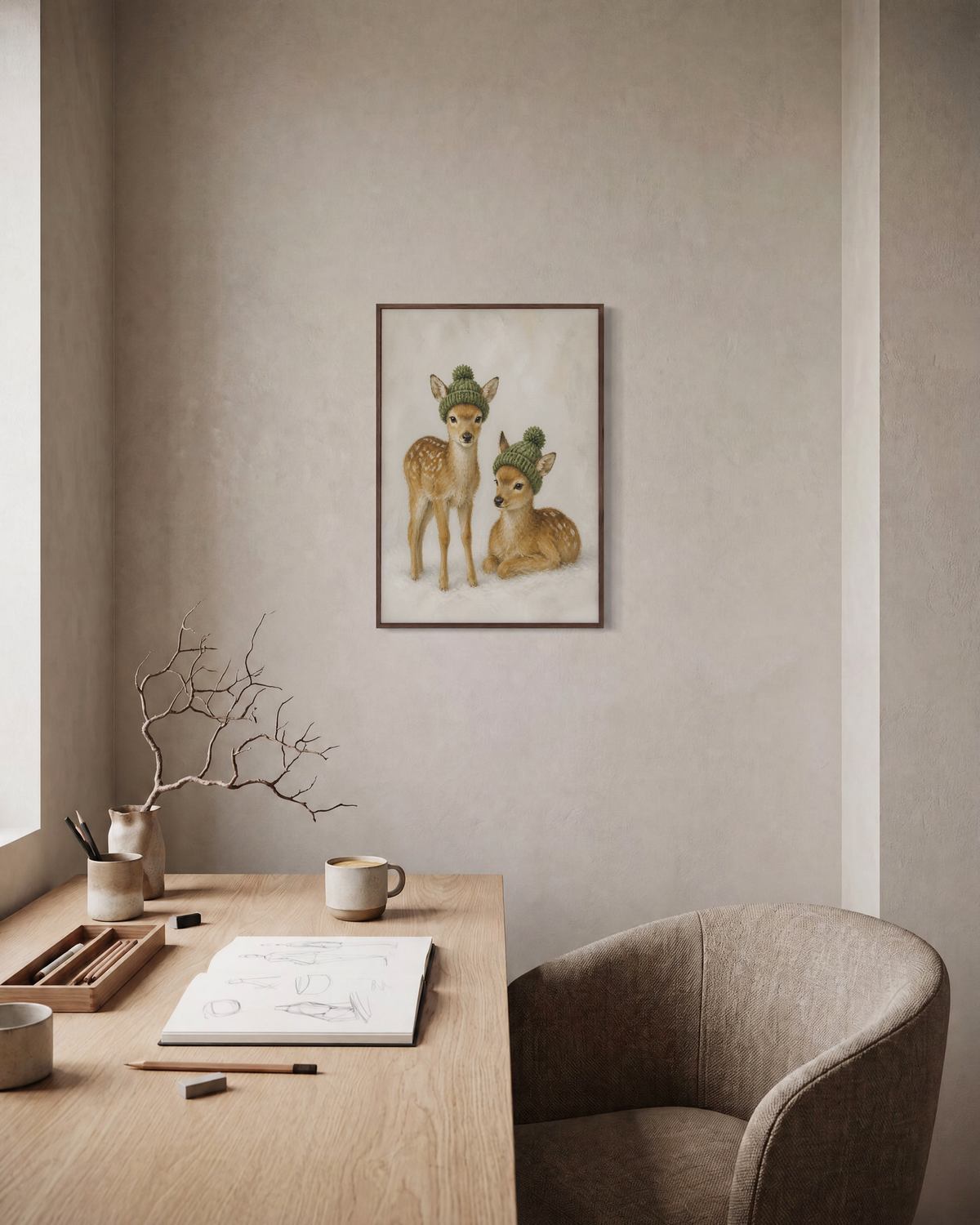 Hat Day Fawns hatted fawn print: unframed print is shown framed for styling in a home office; frame not included