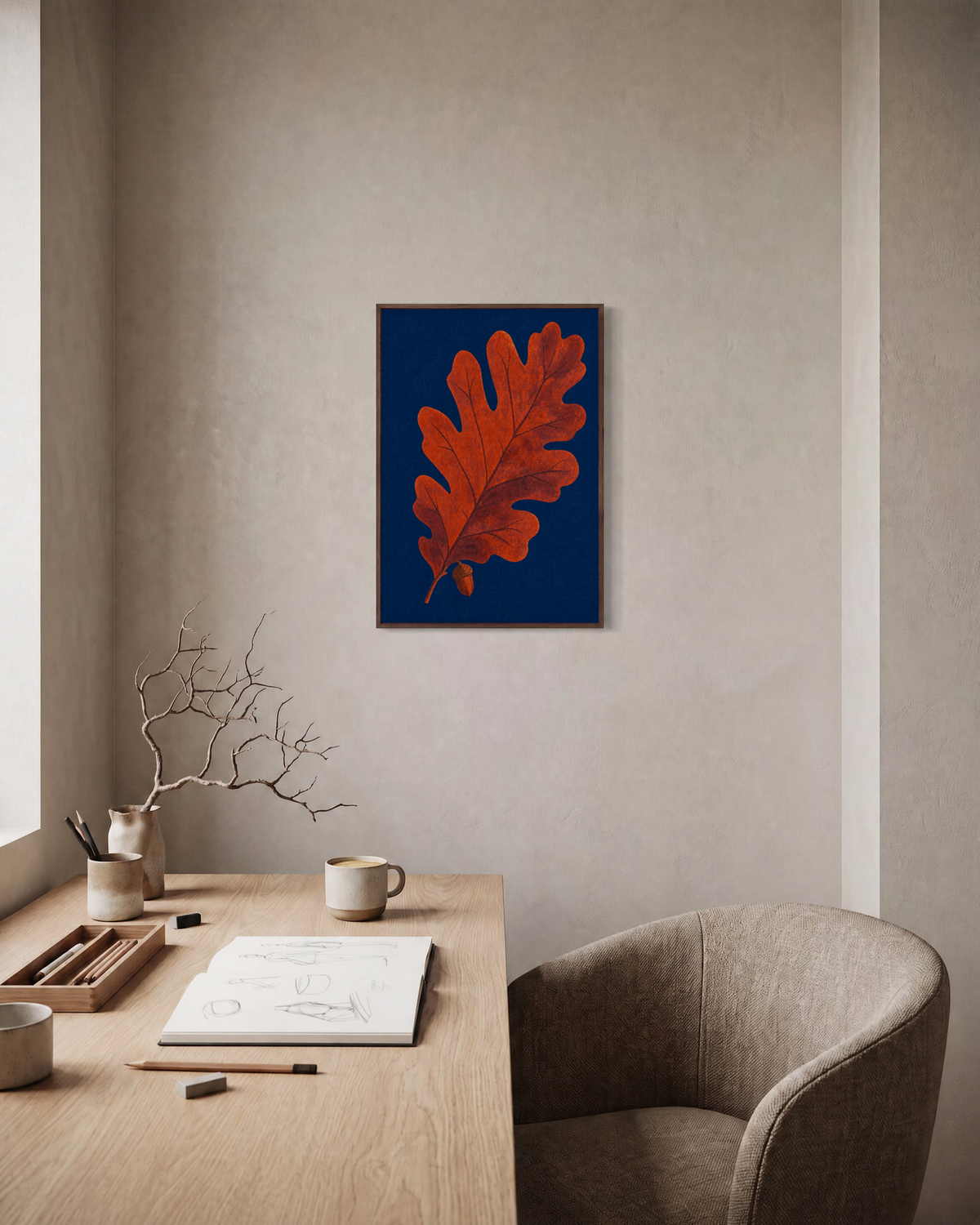 Acorn Watch oak leaf wall art: unframed print is shown framed for styling in a home office; frame not included