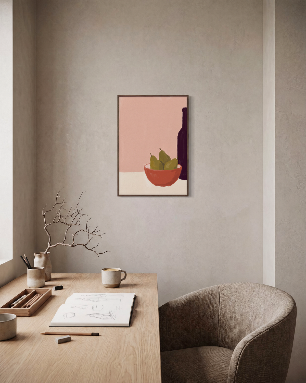 Pears Beside Plum Bottle pear still life wall art print: unframed print is shown framed for styling in a home office; frame not included