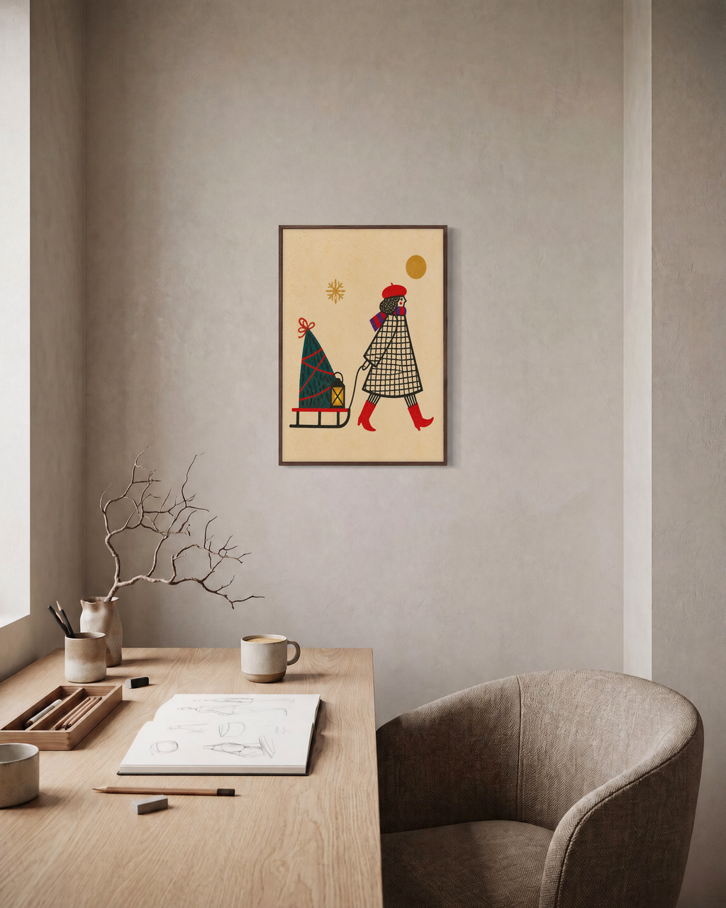 Winter Errand wrapped sled print: unframed print is shown framed for styling in a home office; frame not included