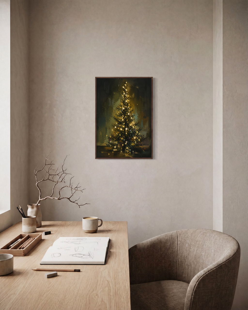 Night Fir impasto tree print: unframed print is shown framed for styling in a home office; frame not included
