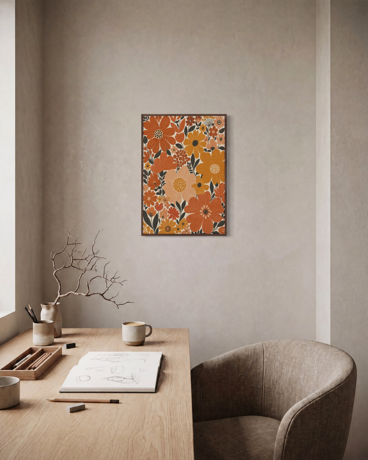 Late Blooms terracotta bloom wall art: unframed print is shown framed for styling in a home office; frame not included