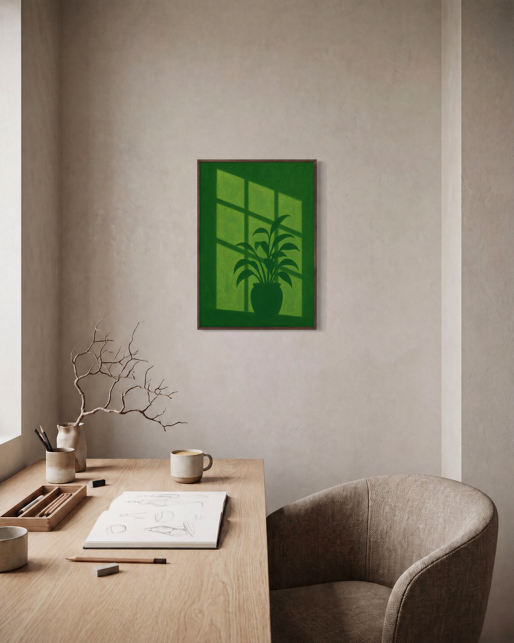 Shadow Plant plant prints: unframed print is shown framed for styling in a home office; frame not included