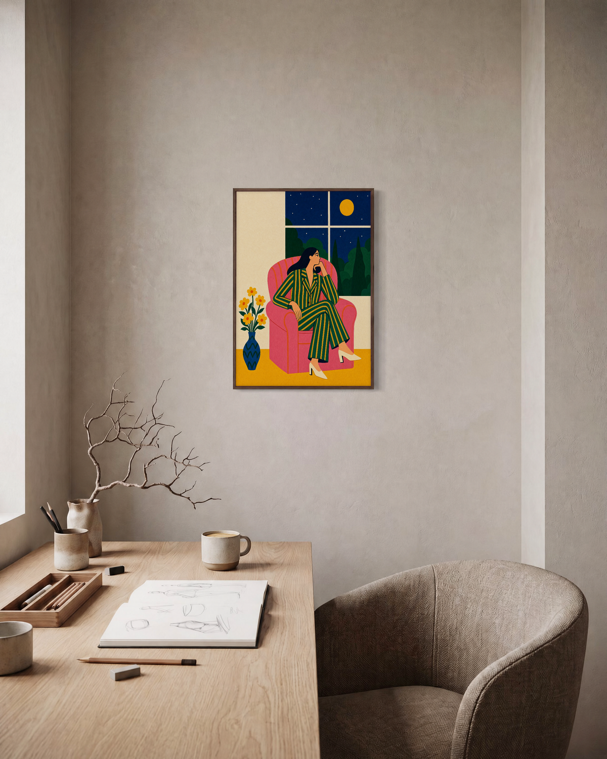 Night Chair striped chair figure print: unframed print is shown framed for styling in a home office; frame not included