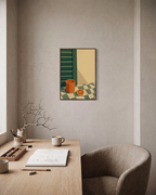 One Tumbler Check Cloth unframed print is shown framed for styling in a home office; frame not included