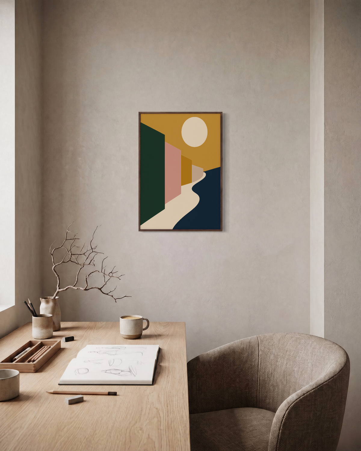 Late Sun mustard geometric landscape wall art: unframed print is shown framed for styling in a home office; frame not included