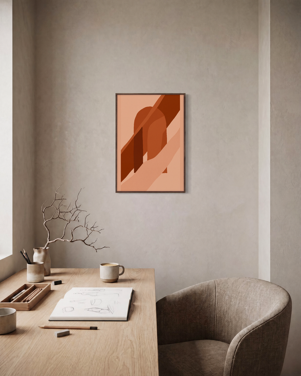 Brown Bands Across Orange Arch burnt orange geometric wall art: unframed print is shown framed for styling in a home office; frame not included