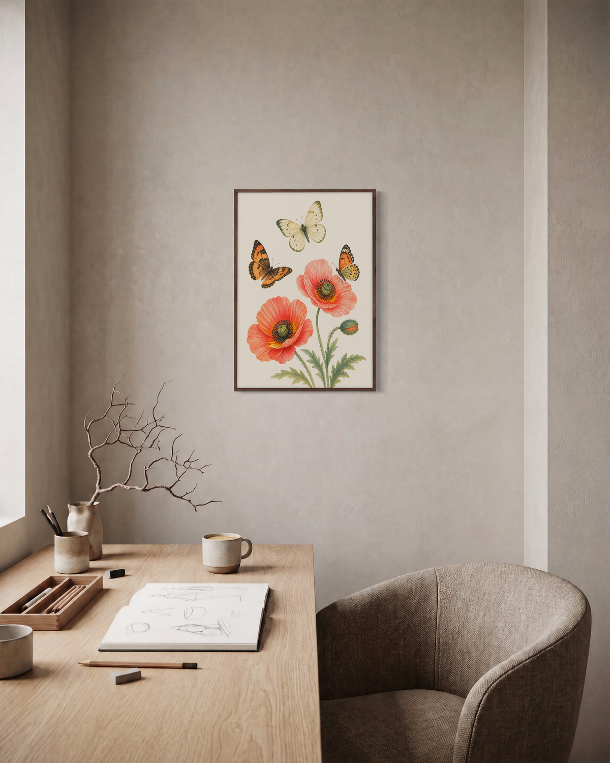 Poppy Visitors poppy butterfly print: unframed print is shown framed for styling in a home office; frame not included