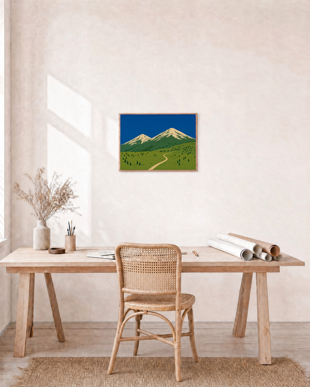 High Meadow mountain landscape wall art: unframed print is shown framed for styling in a home office; frame not included