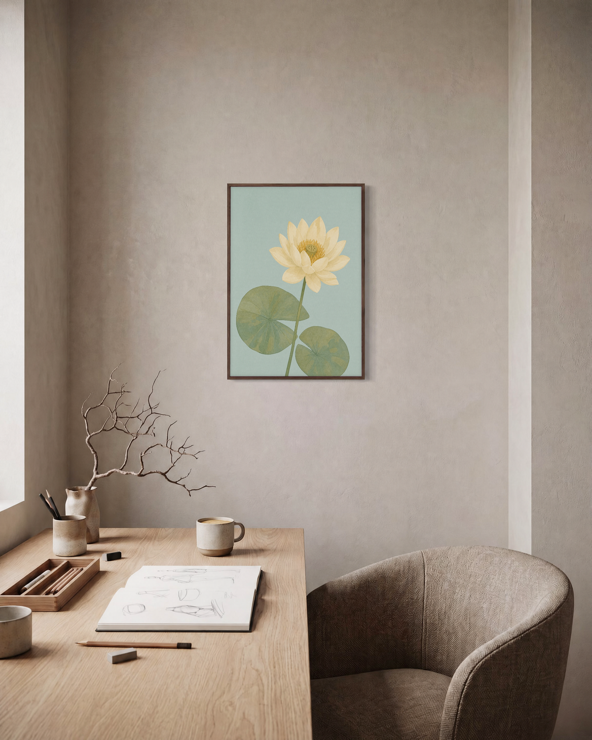 Lotus Pause single lotus wall art: unframed print is shown framed for styling in a home office; frame not included