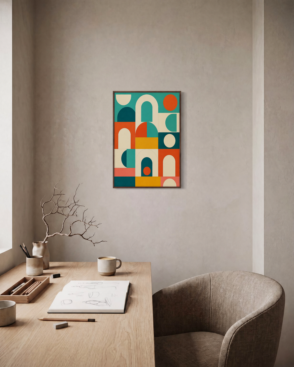 Arch Hour blue geometric wall art: unframed print is shown framed for styling in a home office; frame not included