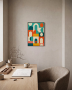 Arch Hour blue geometric wall art: unframed print is shown framed for styling in a home office; frame not included