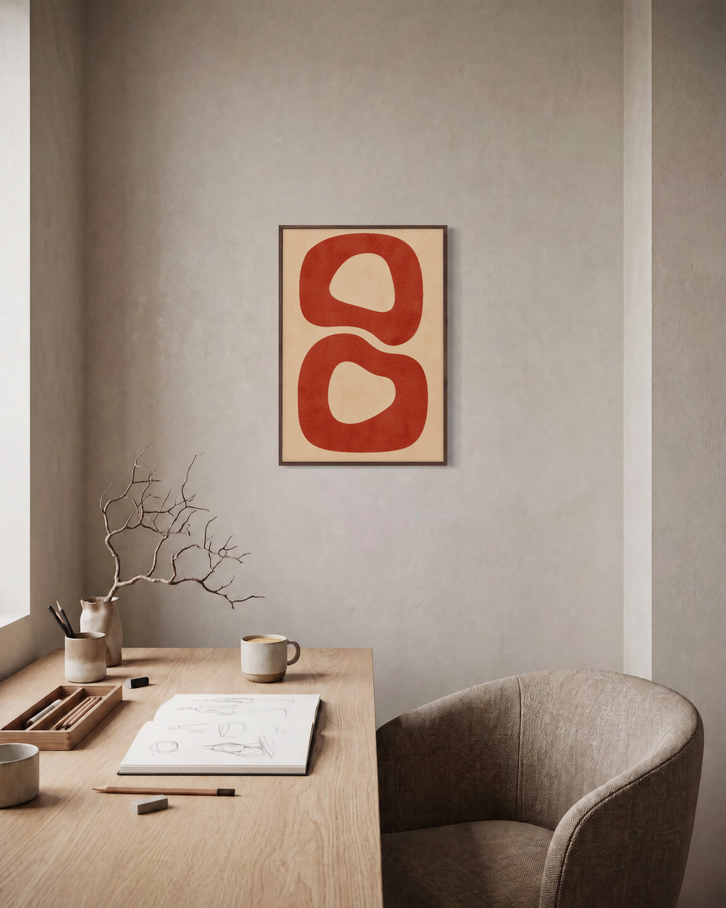 Narrow Passage terracotta loop wall art: unframed print is shown framed for styling in a home office; frame not included