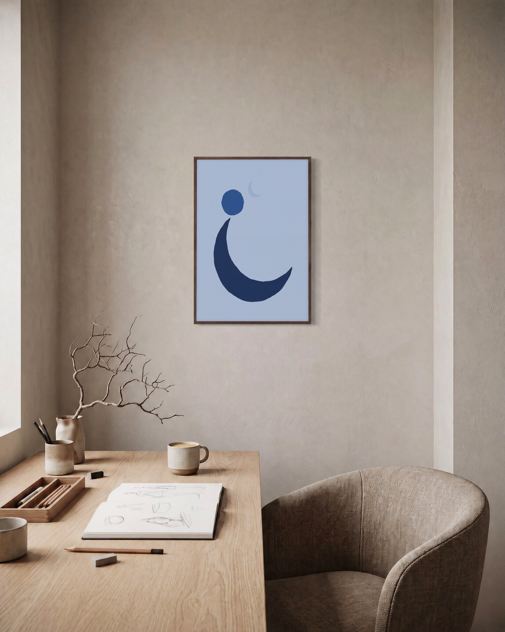 Navy Crescent with Blue Circle blue moon wall art: unframed print is shown framed for styling in a home office; frame not included