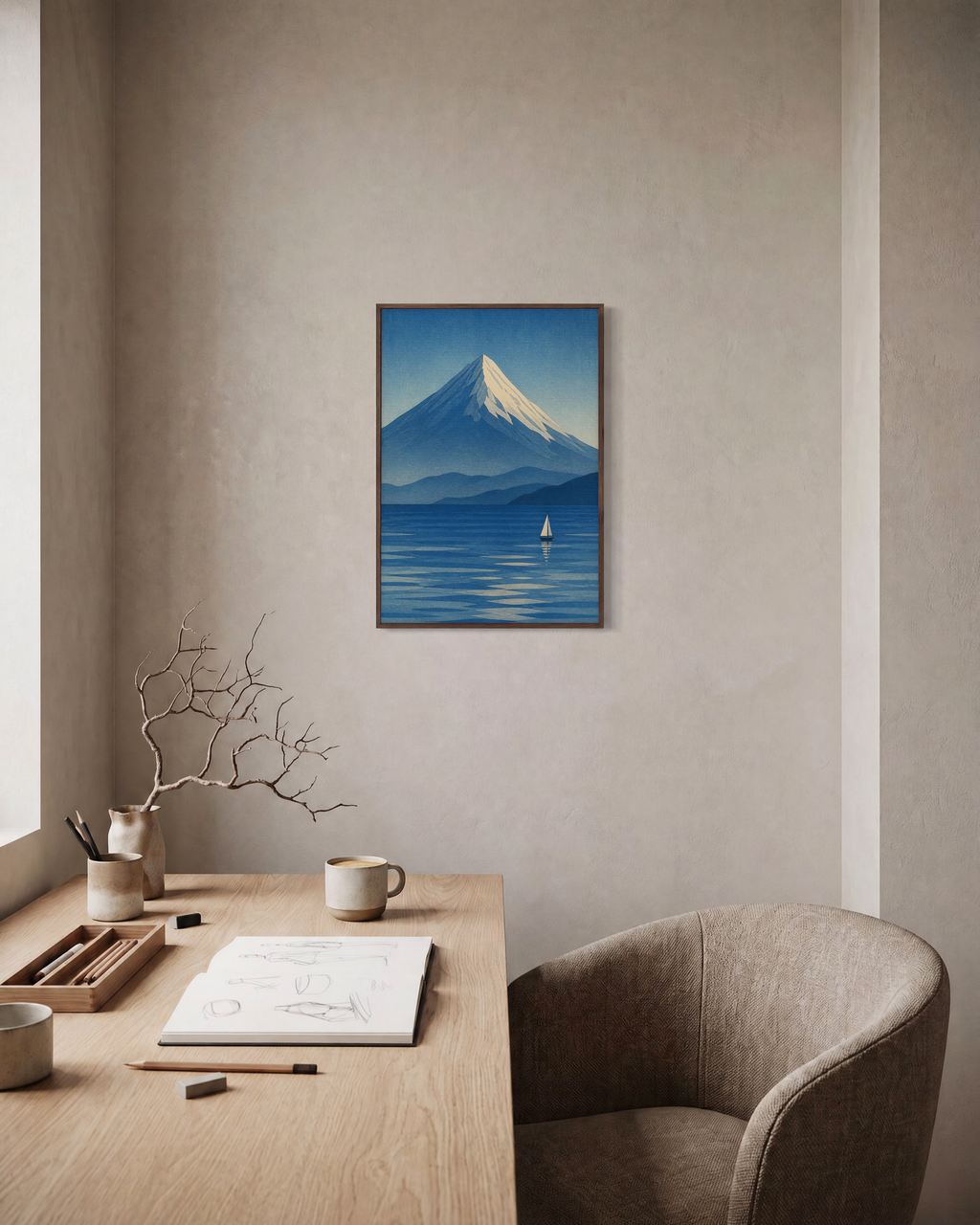 Harbor Peak mountain art prints: unframed print is shown framed for styling in a home office; frame not included