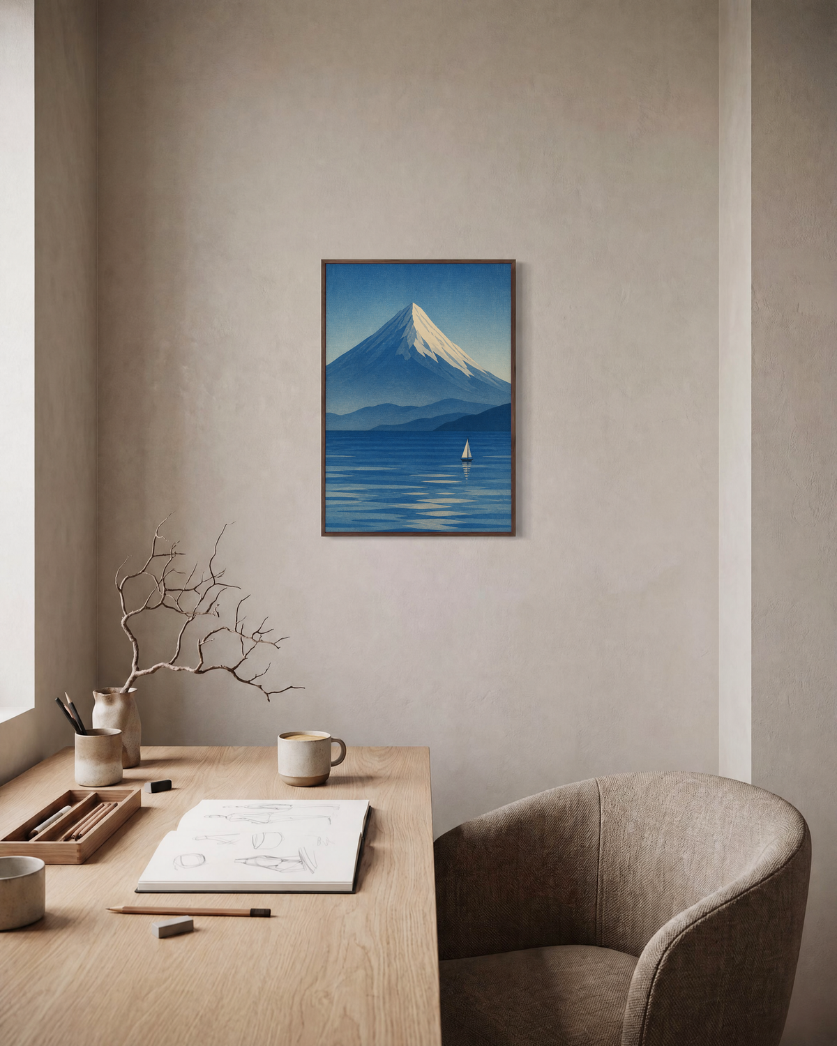 Harbor Peak mountain art prints: unframed print is shown framed for styling in a home office; frame not included