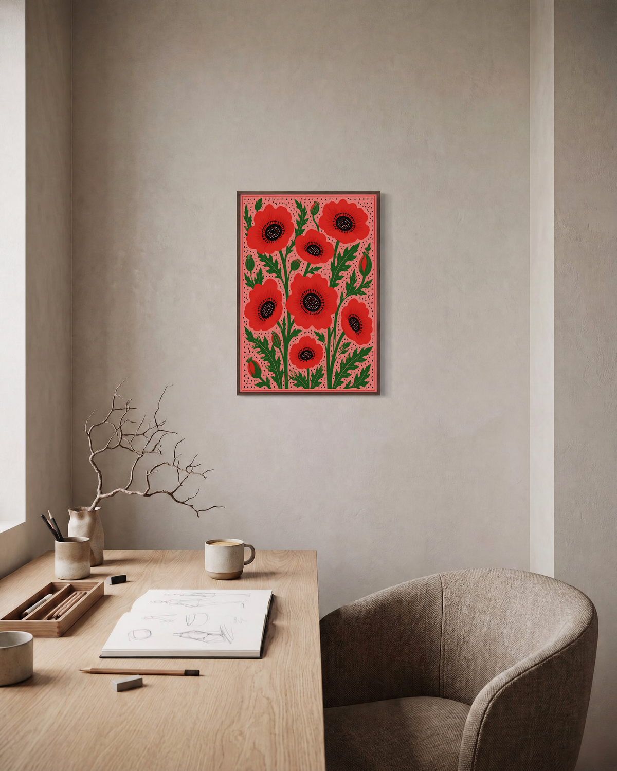 Poppy Crowd red poppy artwork print: unframed print is shown framed for styling in a home office; frame not included