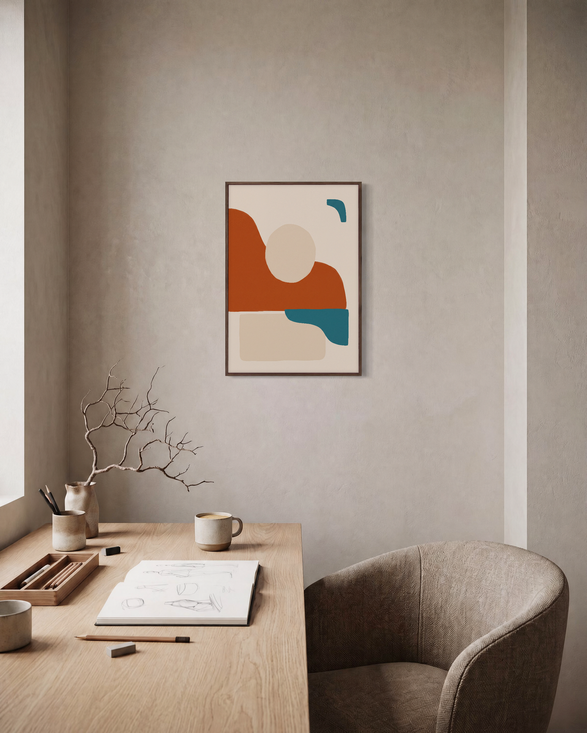 Terracotta Horizon with Teal Marks burnt orange mid century wall art: unframed print is shown framed for styling in a home office; frame not included