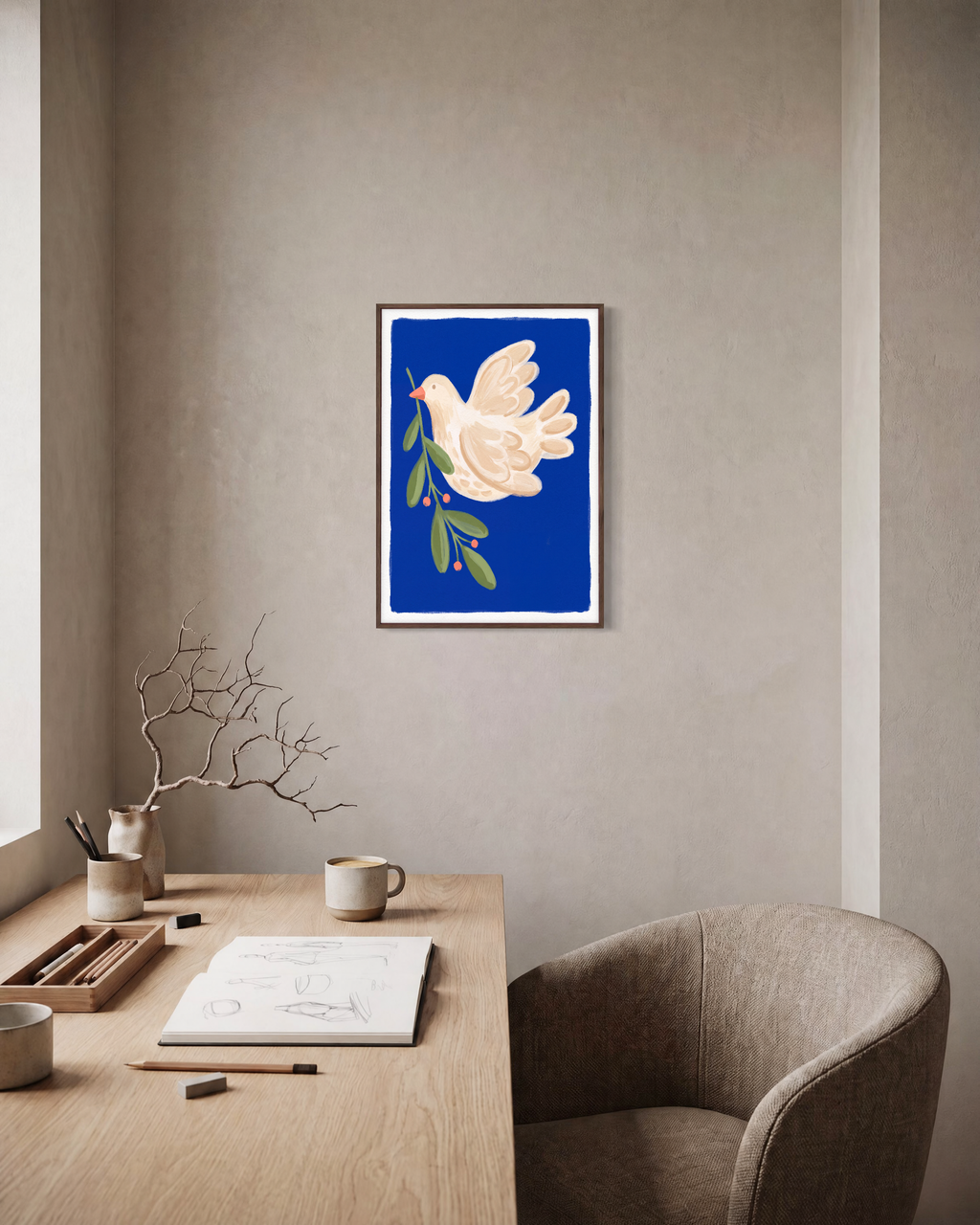 Dove Branch Blue unframed print is shown framed for styling in a home office; frame not included