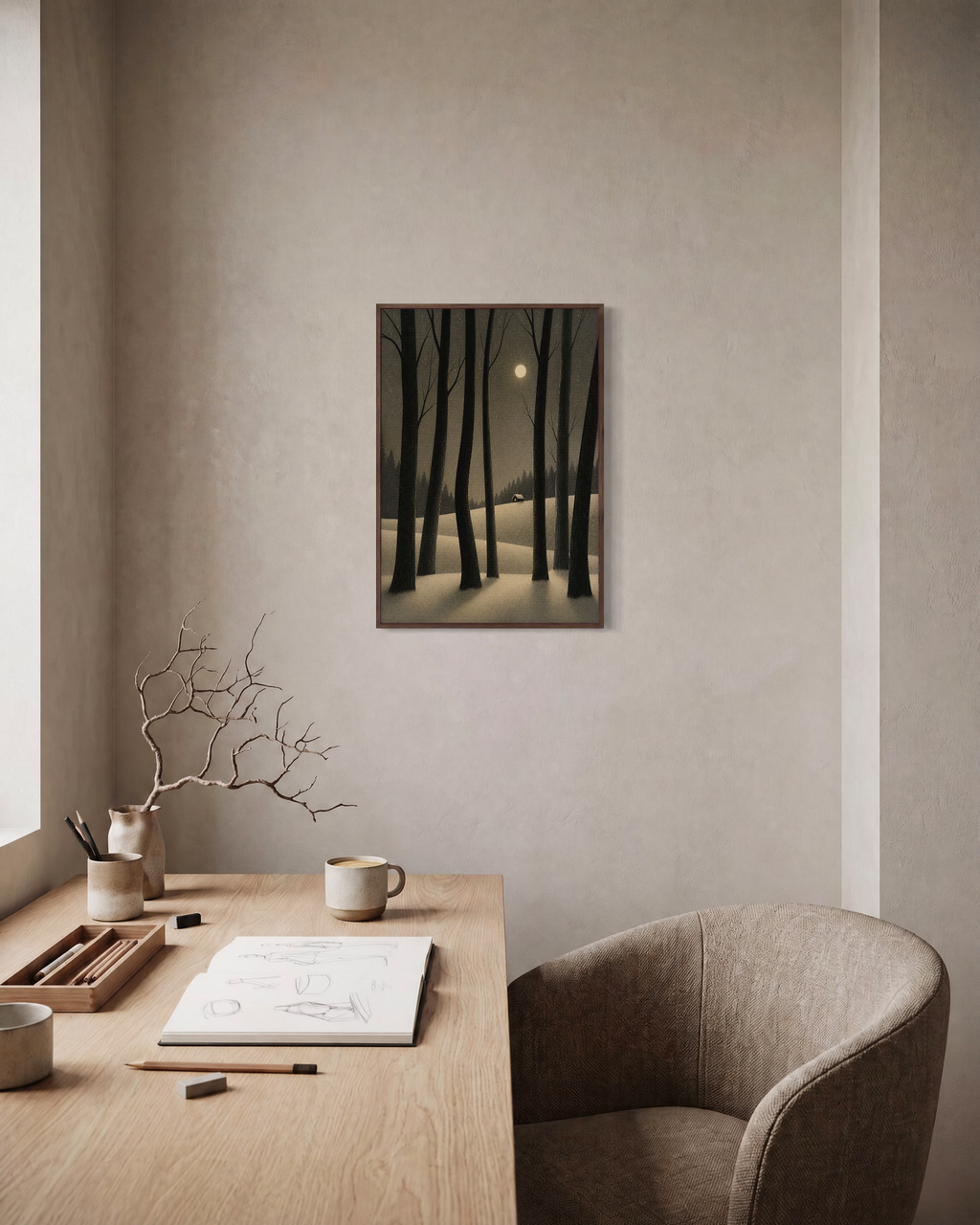 Cabin Night moon prints: unframed print is shown framed for styling in a home office; frame not included