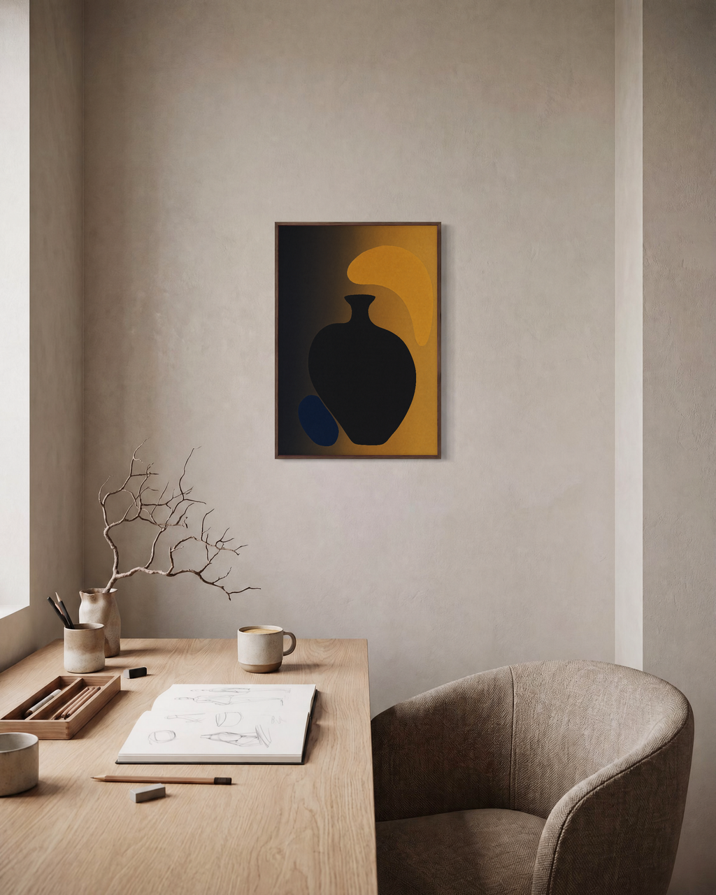 Dark Oval Vessel with Orange dark oval vessel forms wall art print: unframed print is shown framed for styling in a home office; frame not included
