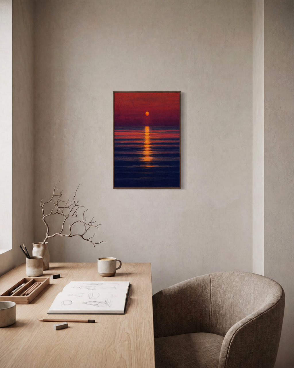 Evening Column sunset wall art: unframed print is shown framed for styling in a home office; frame not included