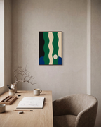 Ribbon Pause green wave ribbon wall art: unframed print is shown framed for styling in a home office; frame not included