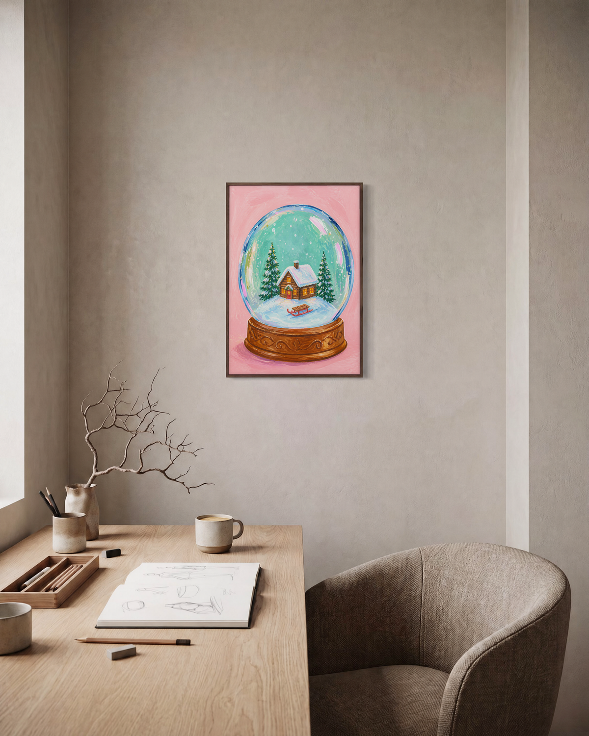 Sled Stop snow globe print: unframed print is shown framed for styling in a home office; frame not included