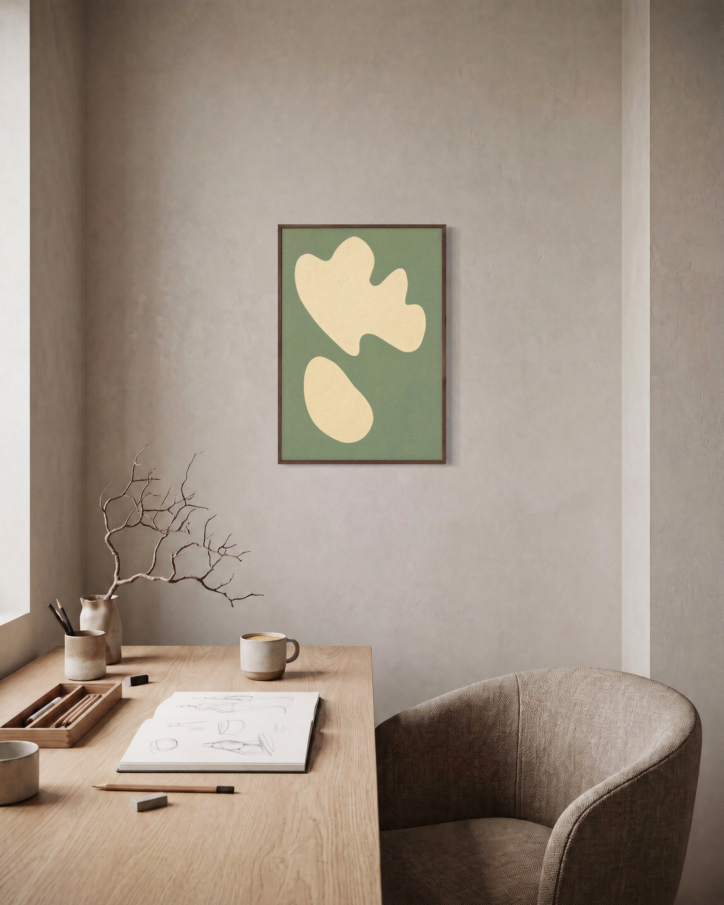 Cream Cutouts Sage unframed print is shown framed for styling in a home office; frame not included
