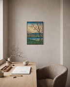 Pale Peak cherry blossom wall art: unframed print is shown framed for styling in a home office; frame not included