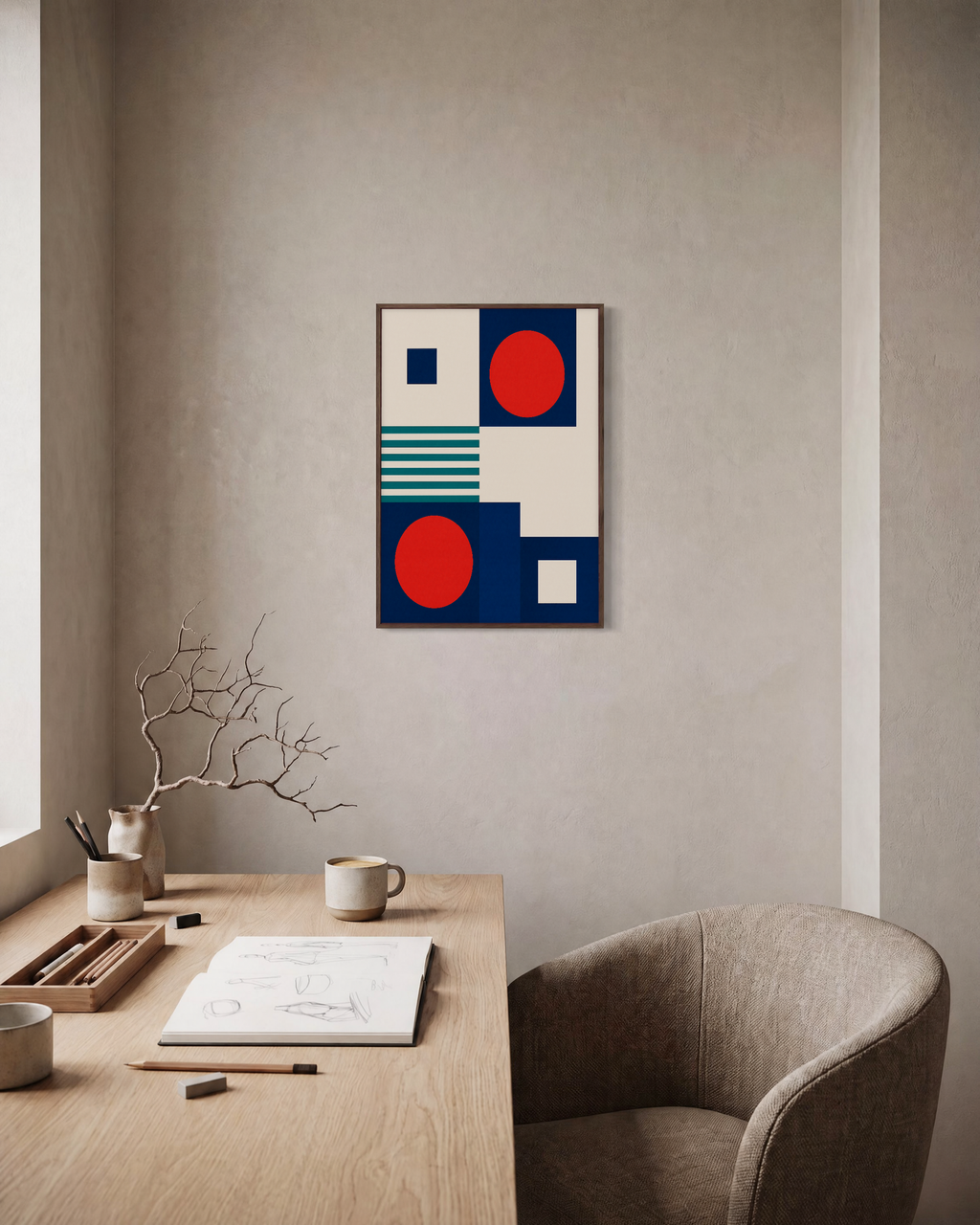 Signal Pair red disc teal wall art: unframed print is shown framed for styling in a home office; frame not included