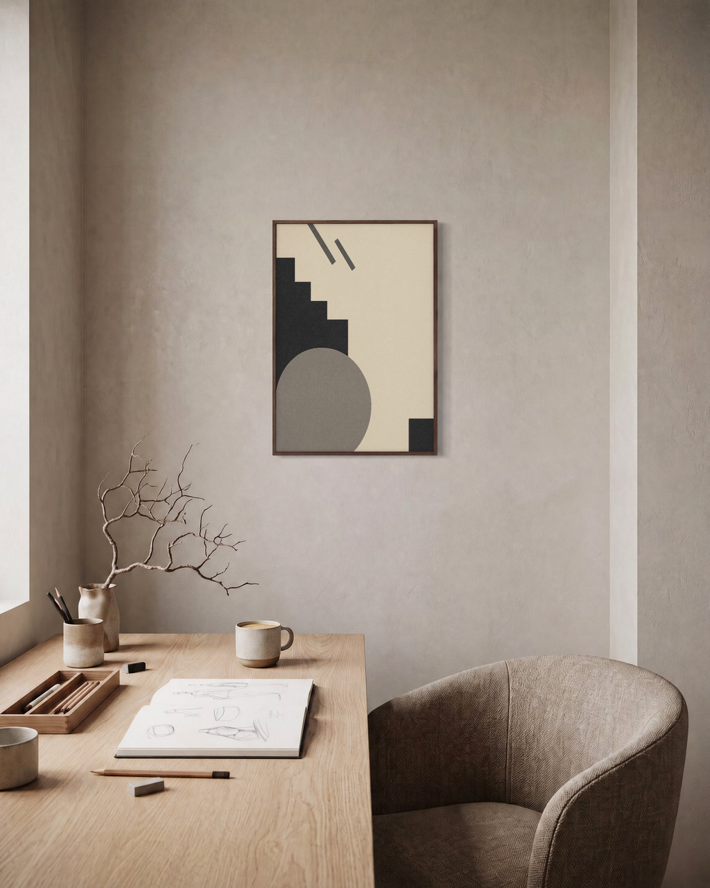 Grey Stair Circle unframed print is shown framed for styling in a home office; frame not included