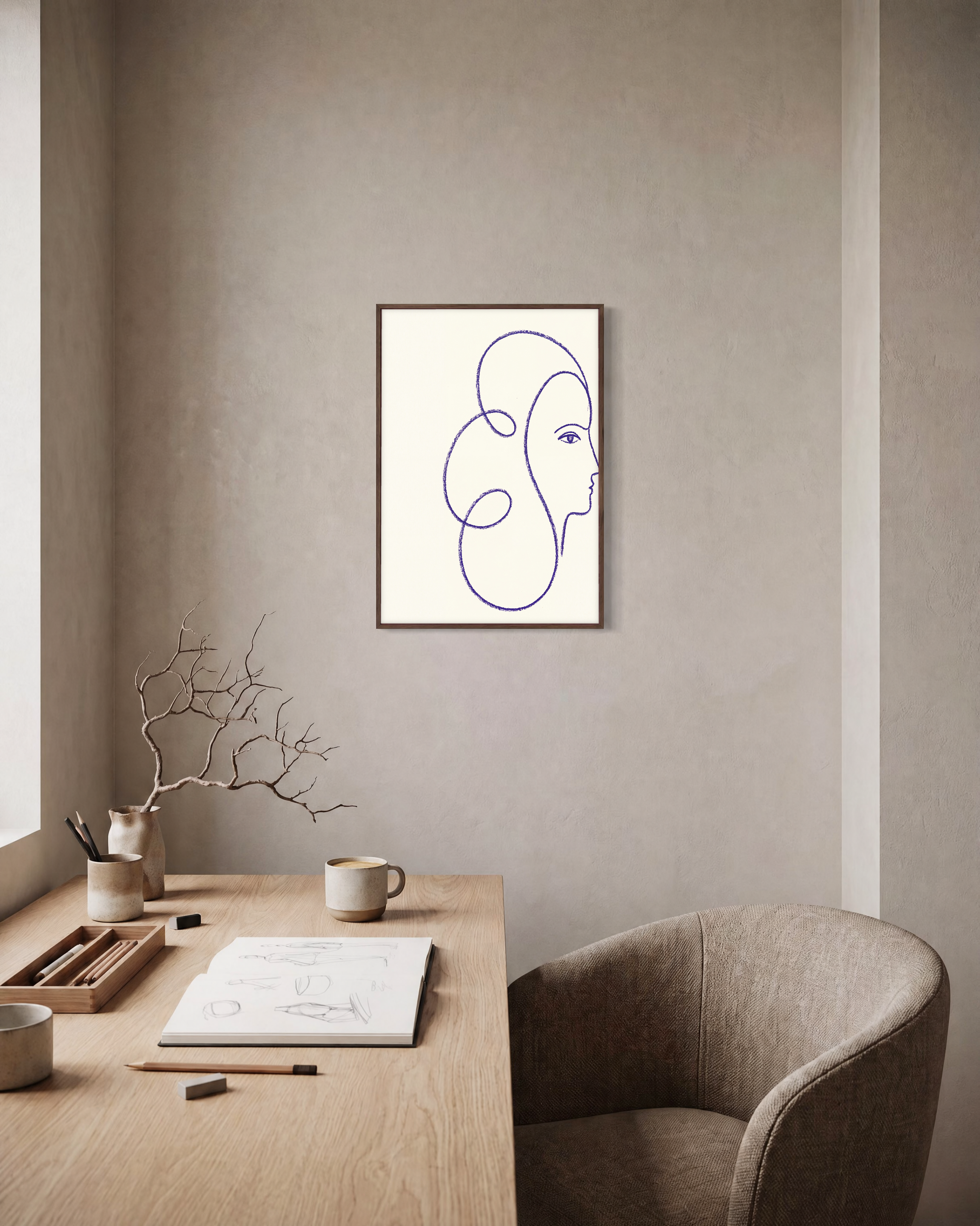 Indigo Profile Line unframed print is shown framed for styling in a home office; frame not included